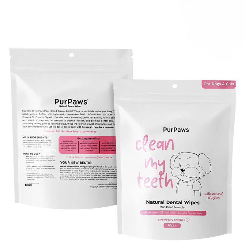 PurPaws Clean My Teeth Pet Wipes Strawberry Sherbet 50pcs